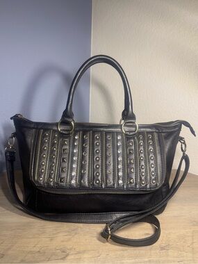 Black Rivet Studded Satchel Crossbody Bag Vegan Leather Boho Punk